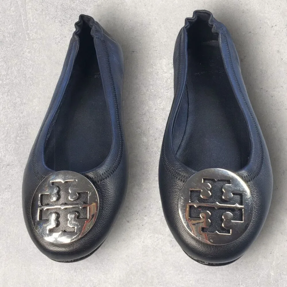 Tory Burch Womens Black Leather Shoes Size 5 Logo Minnie Travel Ballet Flats